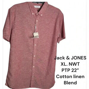 Jack & Jones NWT! men shirt XL ,red ,COTTON LINEN short sleeve,coastal,office